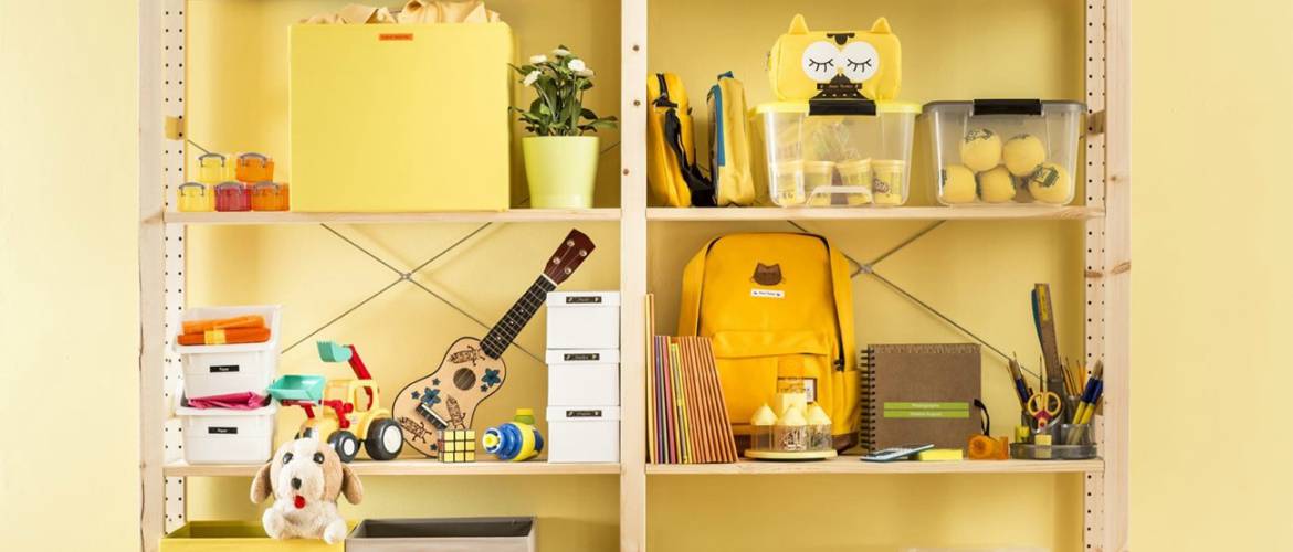 Estantería con pared de fondo amarillo
